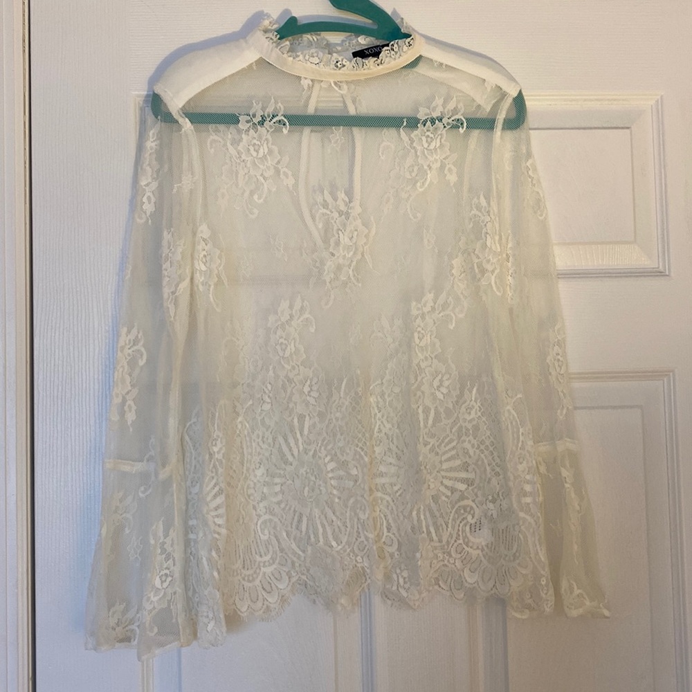 XOXO Sheer Lace Ivory Long Sleeve Top With Bell Sleeves. Size Small.